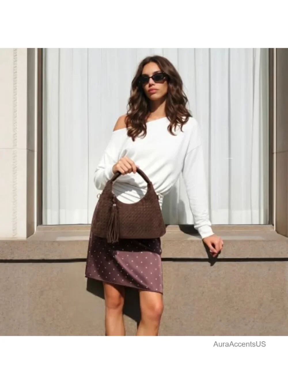 Woven Faux Suede Hobo Satchel Shoulder Bag with Tassel Detachable Crossbody